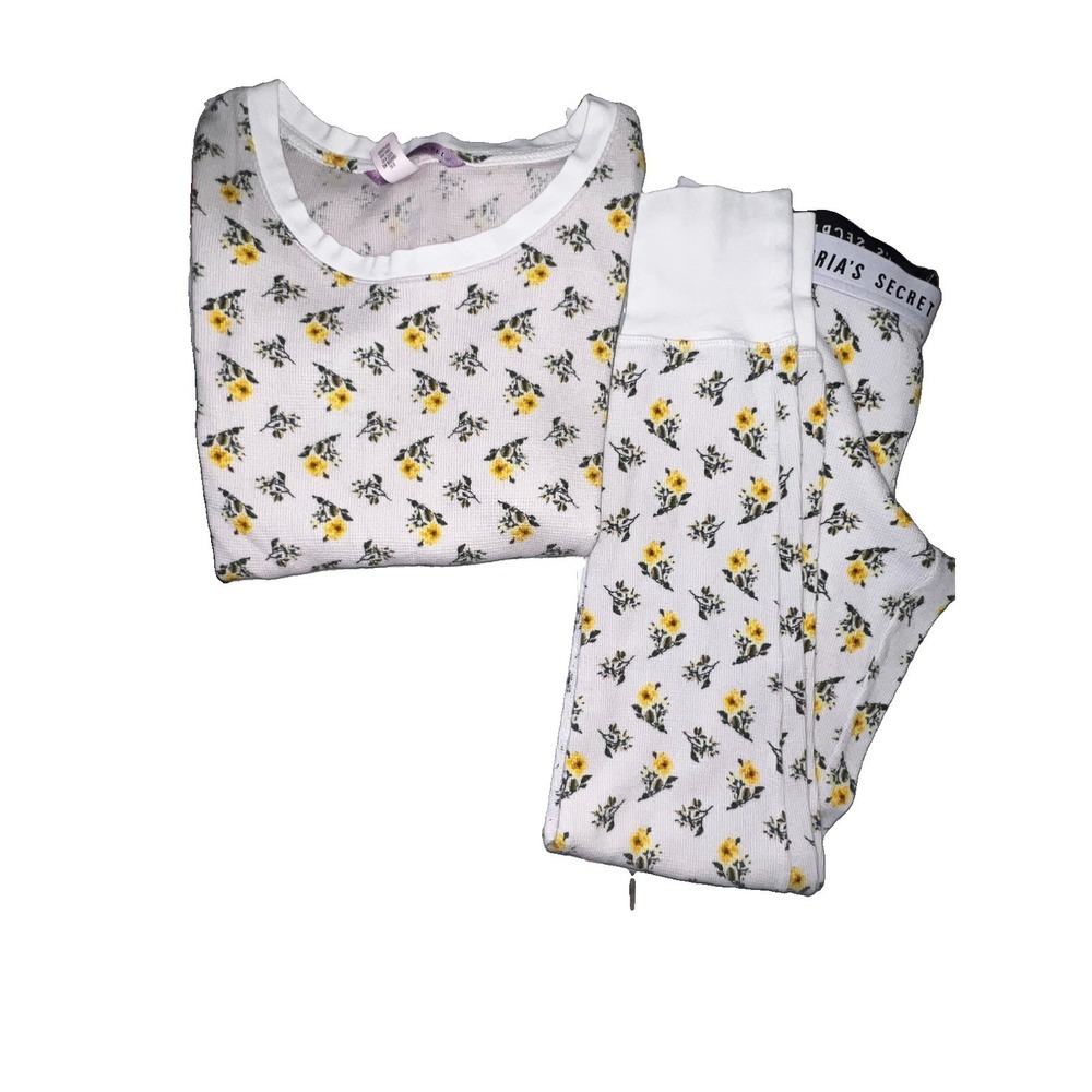 Victoria's Secret Womens XSmall PJ Set Yellow Floral Thermal Waffle Knit Pajamas